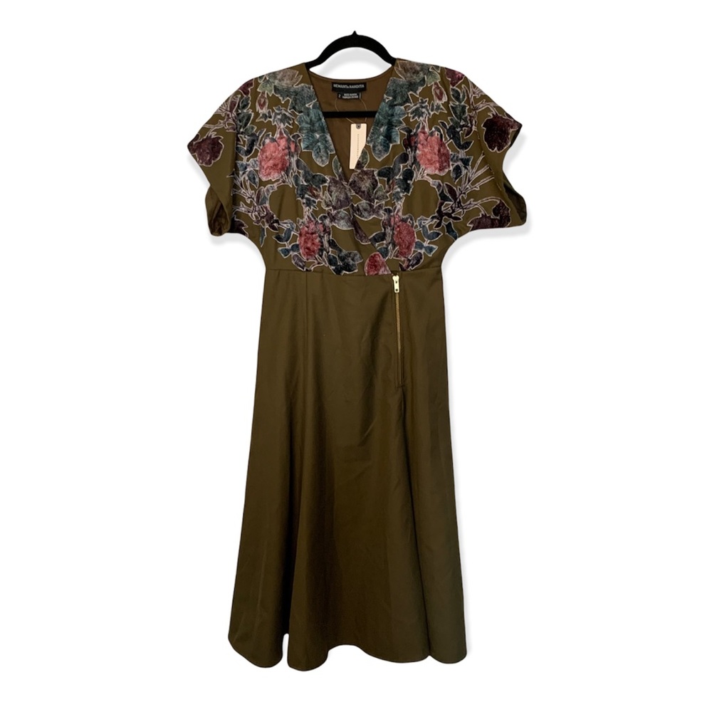Hemant & Nandita Anthropologie Candida Velvet Midi Dress Floral Wrap Green 2 - Picture 2 of 7